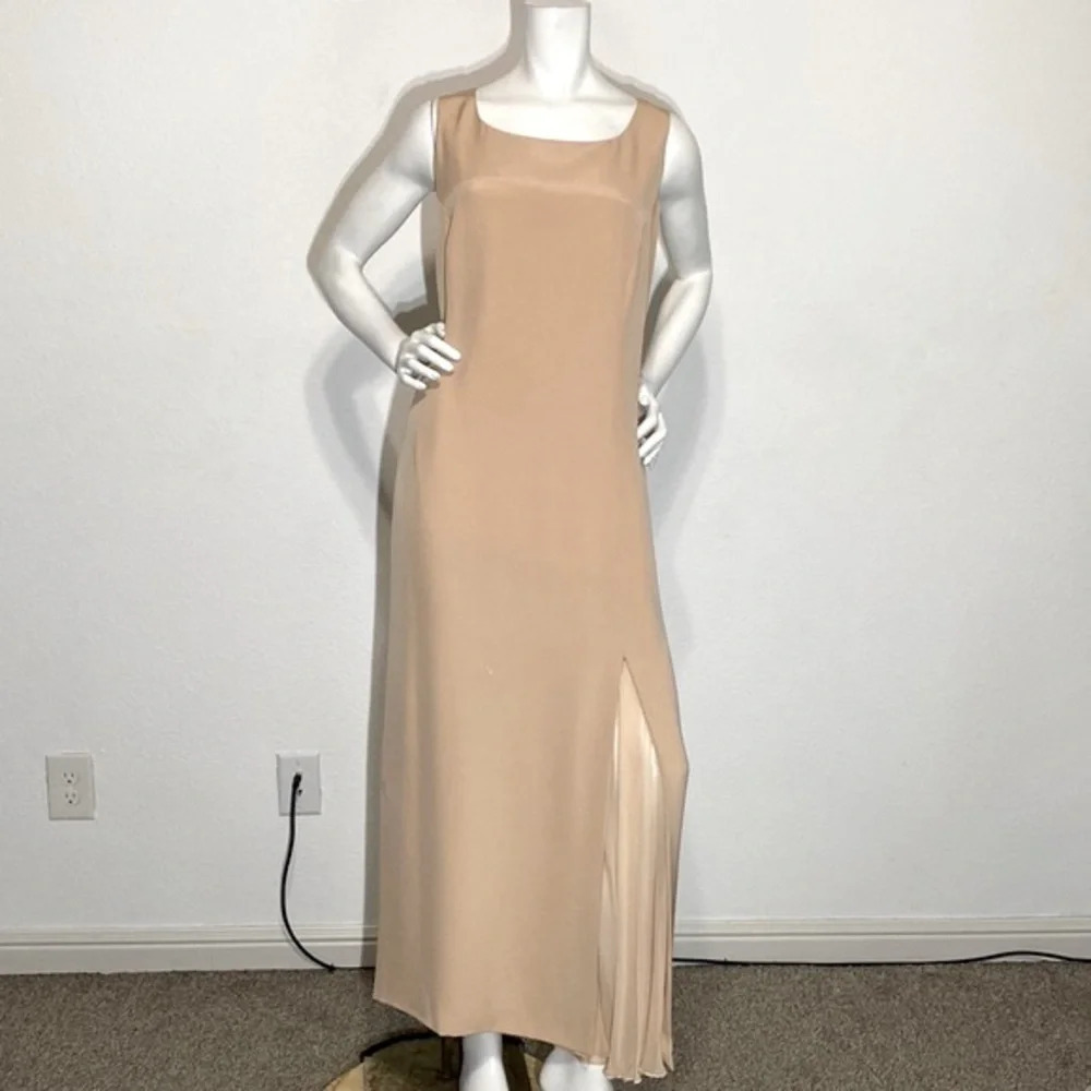 Lily Samii Dark Blush Pink 100% Silk Square Neck Back Zip Sleeveless Maxi Dress